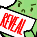 a green frog is holding a sign that says reveal .