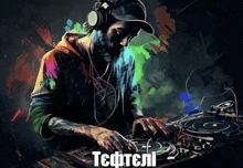 a man wearing headphones and a hat is playing music on a turntable with the word teftteli written on the bottom