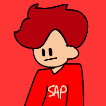 a drawing of a boy with red hair and a red shirt that says sap