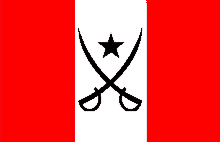 a red white and black flag with two crossed swords and a star in the middle