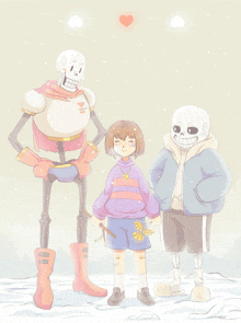 a drawing of papyrus sans and frisk with a heart in the background