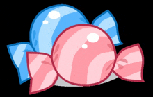 a pink and a blue candy wrapped in a bow