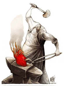 a drawing of a man holding a hammer and a heart on an anvil