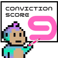 a pixel art of a monkey pointing at a sign that says " conviction score 9 "