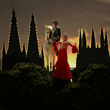 a woman in a red dress is standing next to a man riding a horse