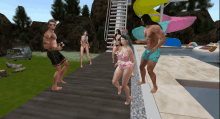 a group of people are standing on a boardwalk near a water slide