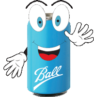 a blue ball soda can with a face and hands