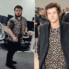 a man in a leopard print shirt next to a picture of harry styles