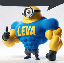 a muscular minion wearing a blue shirt that says leva on it