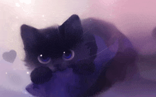 a painting of a black cat with blue eyes