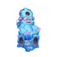 a blue monster with headphones on is sitting on a speaker