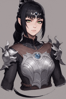 a drawing of a girl with black hair and green eyes wearing armor