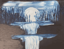 a painting of a waterfall at night with a full moon in the background