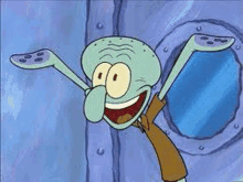 squidward from spongebob squarepants is smiling while standing in front of a window .