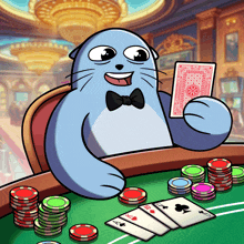 a cartoon of a cat playing poker with a stack of chips in the background