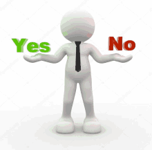 a 3d man is holding a yes and no sign in his hands