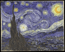 a painting of a starry night sky with a crescent moon and trees