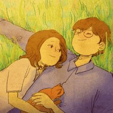 a drawing of a man and woman laying in the grass holding a cat