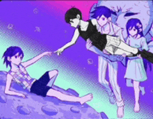 a group of anime characters are standing next to each other on a purple and blue background .