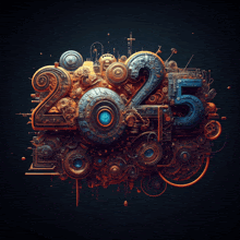 the number 2025 is surrounded by gears and circles on a dark background