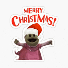 a christmas sticker with a muppet wearing a santa hat