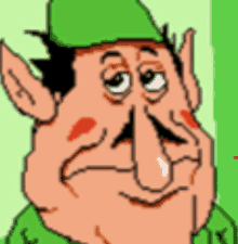 a pixelated cartoon of a man with a green hat on