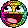 a pixel art smiley face with a rainbow colored circle around it and its mouth open .