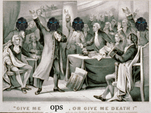 a painting of a man standing in front of a crowd with the words " give me ops or give me death " at the bottom