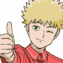 a cartoon boy with blonde hair is giving a thumbs up .