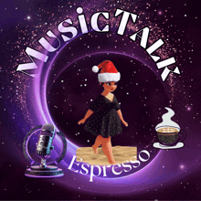 a logo for music talk espresso with a girl in a santa hat