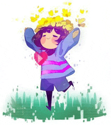 frisk from undertale is wearing a flower crown and holding a butterfly in her hand .