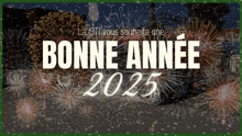 a greeting card that says bonne annee 2025 with fireworks in the background