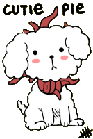 a drawing of a white poodle with a red scarf around its neck and the words cutie pie written above it