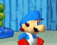 a cartoon character is wearing a blue hat and red gloves