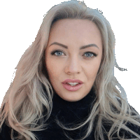 a woman with blonde hair and blue eyes is wearing a black turtleneck sweater