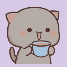 a cartoon cat is holding a cup of coffee in its paws .