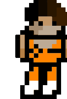 a pixel art drawing of a man in a black and orange outfit