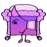 a cartoon drawing of a purple object with arms and legs making a face