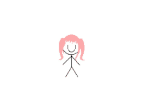 a stick figure with pink hair and a smile on its face