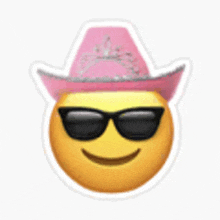 a smiley face with a pink cowboy hat and sunglasses .