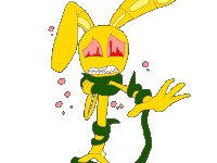 a drawing of a yellow rabbit with red eyes