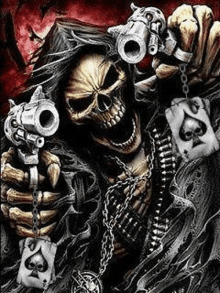 a grim reaper is holding a pair of guns and playing cards .