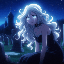 a girl in a black dress is crying in a cemetery at night