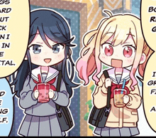 two anime girls are standing next to each other holding cups of tea