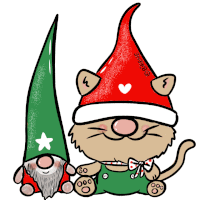 a cat wearing a santa hat sits next to a gnome wearing a green hat with a star