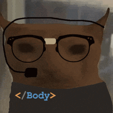 a dog wearing glasses and a microphone has a body tag on his shirt