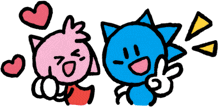 a cartoon drawing of a pink and blue cat with hearts around them