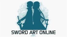 a logo for sword art online with a boy and a girl holding swords .