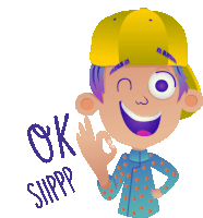 a boy in a yellow hat giving an ok sign with the words ok shippp below him