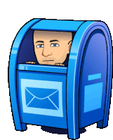 a man 's face is sticking out of a blue mailbox